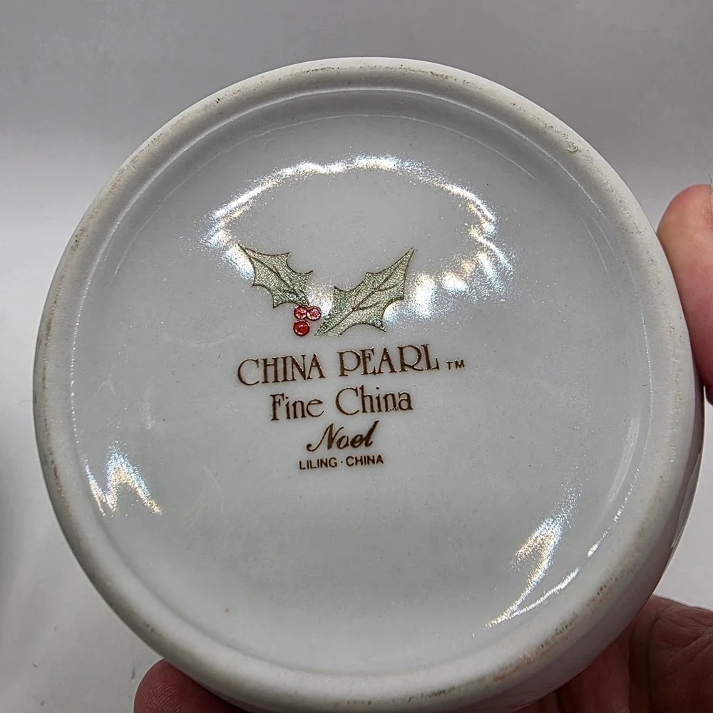 China Pearl Noel Fine China Sugar Bowl and Creamer Set Holly Berry Gold Rim